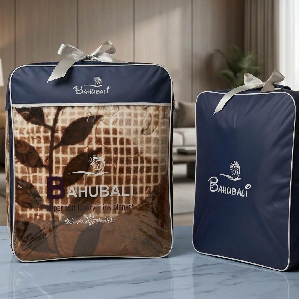 Bahubali mink blankets in branded gift bags, ribbon-tied